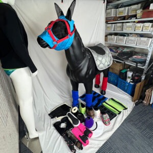 Custom neoprene horse boots equestrian equipment on horse model to show fit and protection by UooSport
